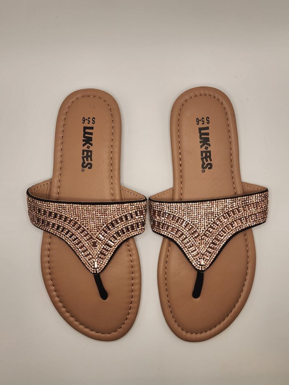 Muk Luk LUK*EES Sandals Women's Bronze Rhinestone Gemstone 5-6 Small Flip Flops